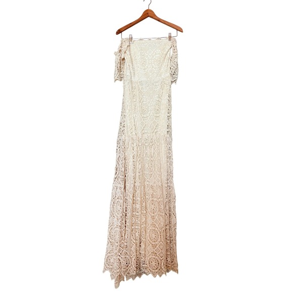 Kite & Butterfly Guipure lace Crochet Off Shoulder Ivory Wedding Gown Boho Beach - Picture 3 of 17